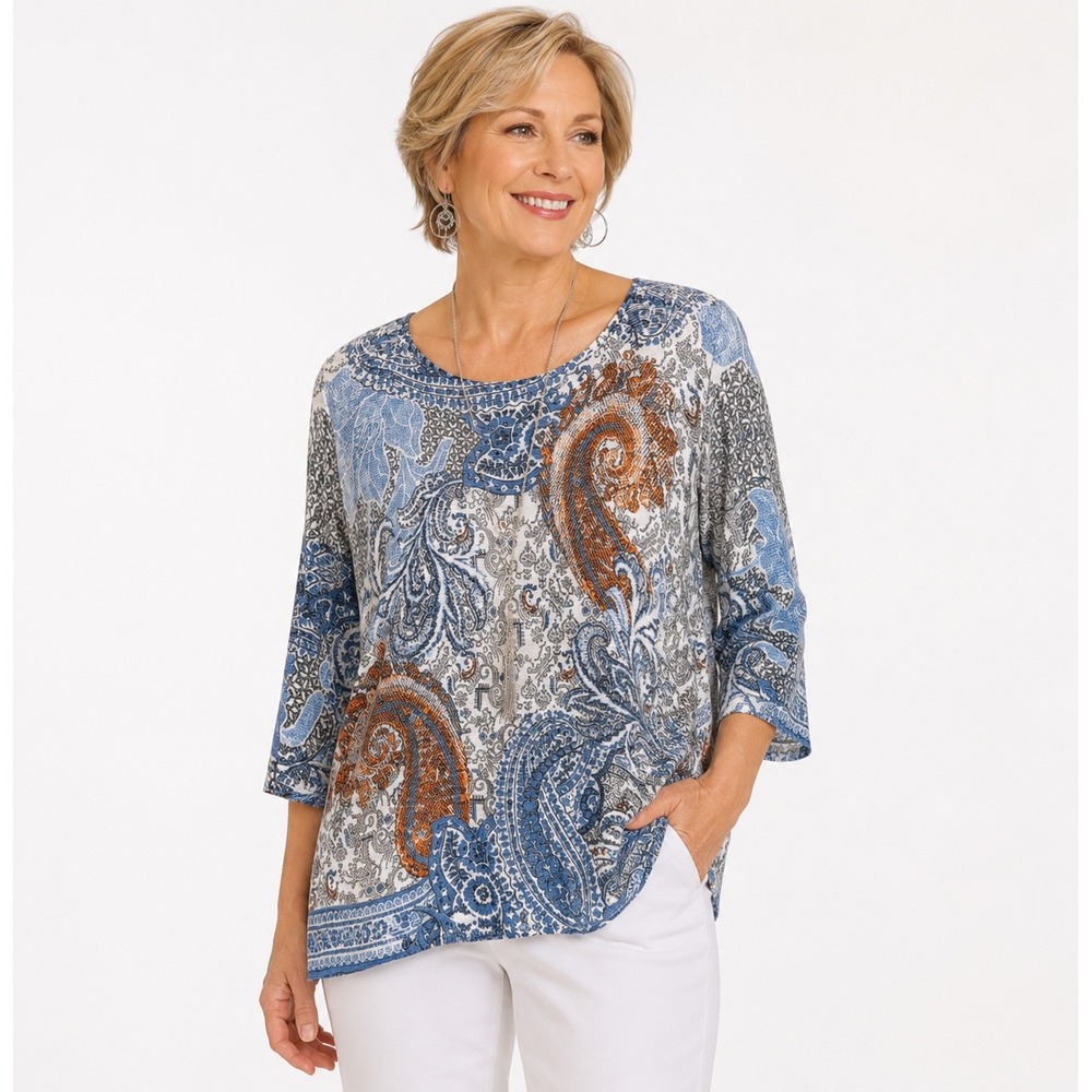 Chicos 2 Large‎ Blue Paisley Ribbed Knit Boat Neck Top 3/4 Sleeve Button Detail